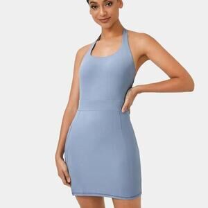 Halara Halter Backless Pocket Split Hem Mini Yoga Active Dress Light Baby Blue M